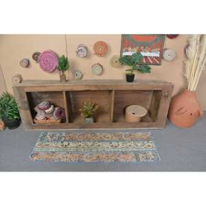 Alfombra turca vintage de lana hecha a mano azul beige de 1,6x4,6 pies con patrón abstracto de forma rectangular de altura de pila de felpa para dormitorio - Product Image 3