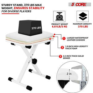 5 Core Keyboard <b>Bench</b> 2 Inch Padded Cushioned Piano Stool Height Adjustable 19" Guitar Seat Portable - Product Image 5