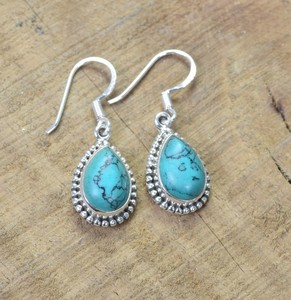 Super véritable tibétain Turquoise Vintage balancent goutte solide 925 en argent Sterling fait à la main boucle d'oreille poire forme mariage chrétien - Product Image 1