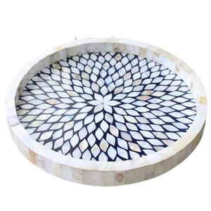 Plateau de service moderne antique fait main en bois décoratif avec incrustation d'os indien et nacre élégante - Product Image 1