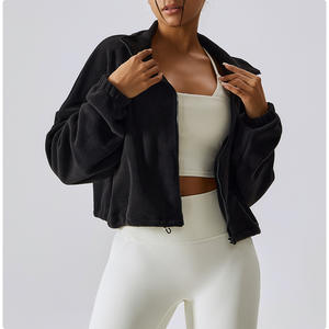 Sudadera deportiva acolchada a prueba de viento para otoño e invierno, chaqueta de gimnasio para mujer, manga larga, cuello alto, cremallera, holgada, cálida, mezcla de algodón - Product Image 6