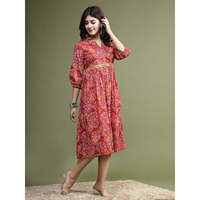 Robe midi évasée en coton respirant à manches longues boutonnées, imprimé floral tissé marron, pour femme – Collection Élégance Vibrante