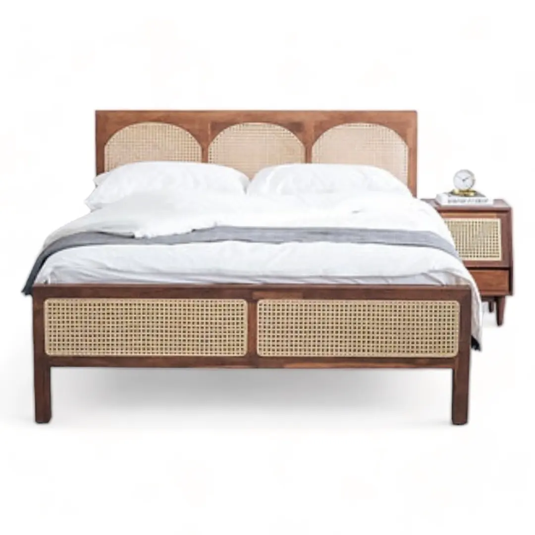 Elegan kontemporer di tempat tidur kayu jati dengan perabotan rotan desain Modern furnitur kamar tidur kayu furnitur rumah