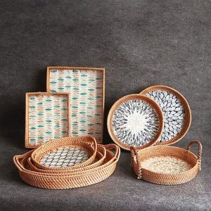 Luxury Modern Design Handcrafted Natural Rattan Serving <b>Tray</b> With MOP Inlay <b>Round</b> <b>Trays</b> For <b>Table</b> Decorative Wholesaler India - Product Image 1