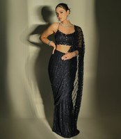 Sari moderne en coton épais avec fausse fourrure et tissu résille, multicolore, hiver, travail de sequins 5mm, évacuation de l'humidité, réversible, protection solaire