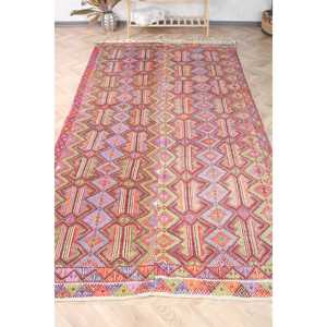 Vintage Turkish Kilim Rug 5.7x11 ft (175x336 cm), <b>Red</b> Floral <b>Wool</b> Rug - Product Image 1