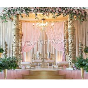 Mandap de pilier sculpté en or à feuilles persistantes pour les mariages Fusion Mandap glorifiant pour les mariages abordables Mandap de mariage en fibre dorée - Product Image 1