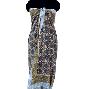 Designer Indian Luxury Block Printed Sarong Handmade <b>White</b> Cotton <b>Voile</b> Headscarf Traditional Beach Cover Ups Swimwear - Product Image 5
