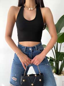 Personnalisé à la mode été solide mince côtelé court haut sans manches femmes col en v dos nu Beige Crop débardeurs pour les femmes - Product Image 6