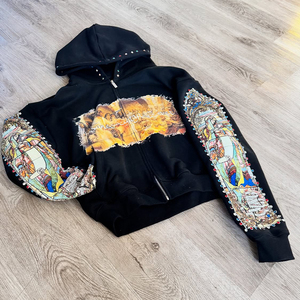 เสื้อฮู้ดซิปโอเวอร์ไซส์สไตล์สตรีทแวร์สำหรับผู้ชาย ผลิตตามสั่งพร้อมโลโก้ของผู้ผลิต ผ้าฝ้าย 100% 465GSM พิมพ์ลาย DTG สไตล์วินเทจ ประดับด้วยคริสตัล - Product Image 3