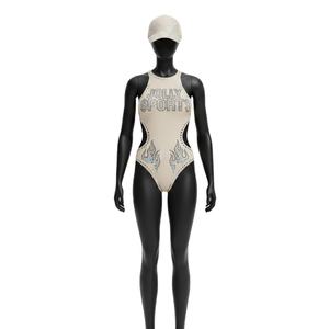 Maillot de bain de luxe pour femme en nylon et élasthanne, beige avec empiècements noirs sur les côtés, logo personnalisé en strass thermocollés - Product Image 1