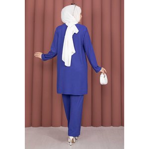 Conjunto de Dos Piezas Azul Marino de Tela Acanalada con Abertura Lateral, Pantalones Tipo Túnica, Cuello con Capucha, Corte Acampanado, Uso Diario, Holgado, Corto, para Invierno/Verano - Product Image 4
