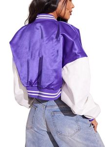 Veste universitaire décontractée courte en satin matelassé pour femme, coupe classique, couleur unie, broderie de lettres - Product Image 5