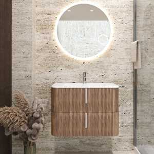 Mobile Bagno Koricini Havana 80cm in Legno Massello Scanalato Color Tabacco con Lavabo in Resina - Product Image 2