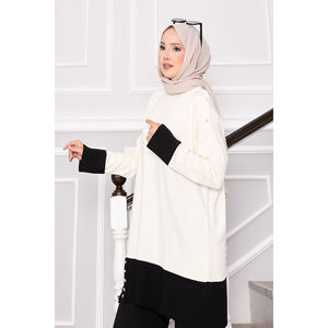 Ensemble tricoté bicolore pour l'automne, grande taille, coupe ample, imprimé avec boutons en pierre, couleur crème, respirant - Product Image 4
