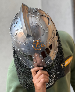 Casco Medieval de Acero de Cruzado con Cuello de Malla de Cadena, Protector Facial de Caballero Vikingo, Armadura para Disfraces - Product Image 4