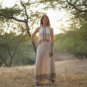 Women's Stylish White Rayon Bohemian Crop <b>Top</b> Halter Neck Sleeveless Floral Embellished <b>Top</b> Breathable Knitted for Girls - Product Image 1