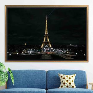 Elegant Eiffel Tower Night View Printed Canvas Artwork - Modern City Decor,GOLD FRAMED CANVAS - Product Image 1