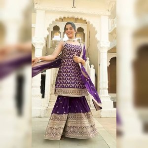 Ensemble Salwar Kameez Sharara Plazzo élégant pour femme, style traditionnel, séchage rapide, coupe classique, toutes saisons, décontracté, pour fêtes - Product Image 1