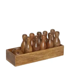 मिनी गेंदबाजी खेल गेंदों और पिन के साथ लकड़ी से बना एक बॉक्स में रखा पॉलिश प्राकृतिक लकड़ी चौसर लकड़ी बनाया खेल सेट
