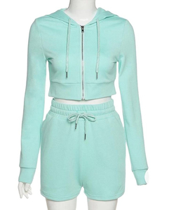 Sudadera con capucha para mujer Conjunto corto Logotipo personalizado Elegante conjunto de dos piezas Venta al por mayor Loungewear OEM Supply - Product Image 1