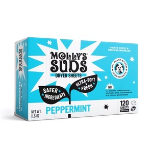 Feuilles assouplissantes pour sèche-linge Molly's Suds Menthe Poivrée 120 feuilles Réducteur d'électricité statique à base de plantes Peaux sensibles Sans plastique - Product Image 1