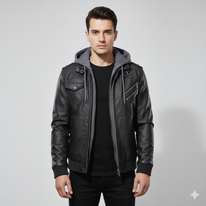 Veste à capuche en cuir de motard pour homme couleur noire élégante prête à expédier, vente en gros de veste d'hiver en cuir de vache vintage pour homme 1 quantité minimale de commande - Product Image 1