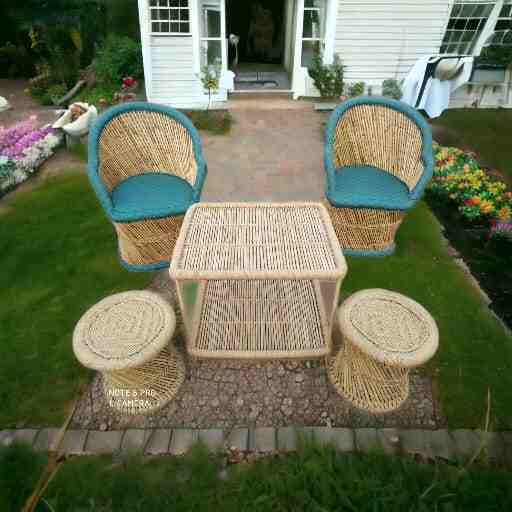 Hot Style Natural Bamboo Rattan Wicker Garden Sofas Bamboo Cane Furniture Chairs Portable Comfort Chair Sofa with Table & Stool