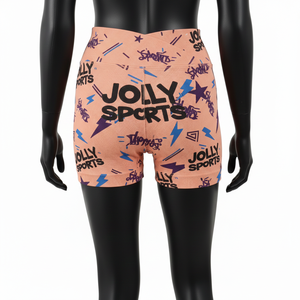 Shorts de sport pour femme en polyester et élasthanne, maille côtelée extensible GSM de haute qualité, couleur pêche, impression par sublimation, logo. - Product Image 2