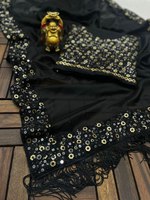 Sari en soie noir Rangoli de créateur pakistanais avec bordure en dentelle et chemisier lourd pour mariages et festivals