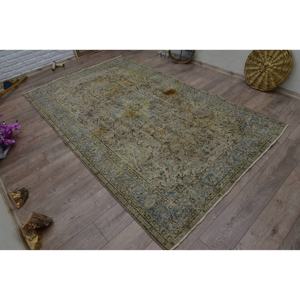 Handmade <b>Vintage</b> Wool Rug 5.5 X 9.2 ft Beige Blue Boho Rectangular Patchwork Design for Entryway <b>Bed</b> Hallway 5mm Plush Latex - Product Image 2