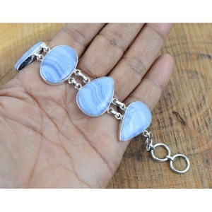 Women's 925 Sterling Silver Cuff <b>Bracelet</b> with Blue Lace Agate <b>Gemstone</b> Bezel Setting for Gift - Product Image 1