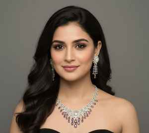 Conjunto de collar y aretes Amethyst Royale Cascade con base de metal plateado y diseñado con cristales en forma de lágrima en tono lavanda-morado - Product Image 2