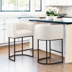 Tabourets <span class=keywords><strong>de</strong></span> <span class=keywords><strong>bar</strong></span> <span class=keywords><strong>de</strong></span> hauteur comptoir <span class=keywords><strong>de</strong></span> 27 pouces, design <span class=keywords><strong>moderne</strong></span> en forme <span class=keywords><strong>de</strong></span> tonneau, dossier avec accoudoirs, cadres en métal <span class=keywords><strong>noir</strong></span>, revêtement en tissu <span class=keywords><strong>de</strong></span> lin - Product Image 1