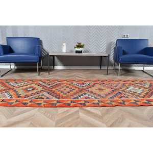 Tapis Kilim turc 2,9 x 9,4 pieds, tapis vintage, tapis en laine patchwork orange - Product Image 4