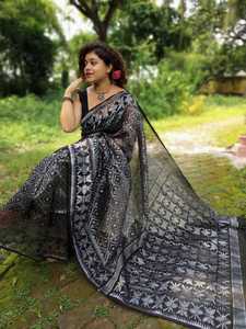 Sari JALBONDI DHAKAI JAMJANI pour mariage, séchage rapide, écologique, léger, en coton et soie, travail Jori, pour filles - Product Image 5