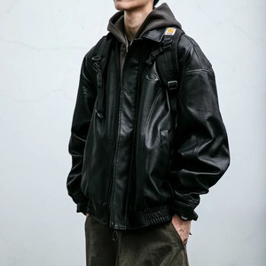 American Vintage Street Style Black Sheep Skin Canvas Biker Jacket Men Casual Fit Windproof Regular Trendy Winter - Product Image 5