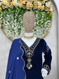 ชุดสัลวาร์กำมะหยี่อินเดียปากีสถาน ดีไซน์ทันสมัย สีกรมท่าสุดหรู  สำหรับงานปาร์ตี้ งานแต่งงาน  ชุดผู้หญิง  รุ่นใหม่ล่าสุด - Product Image 3