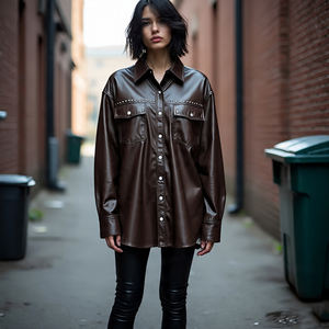 Camisa de Cuero Genuino con Botones y Piel Sintética, Estilo Vintage, Holgada, para Mujer, Ecológica, Estilo Urbano - Product Image 5