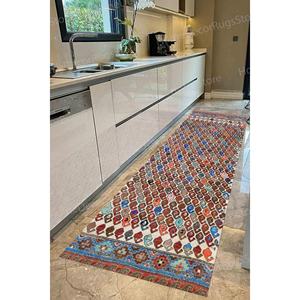 Tapis en laine géométrique patchwork, design turc, écologique, antidérapant, tapis d'accent pour entrée, luxe, velours, dos en latex - Product Image 2