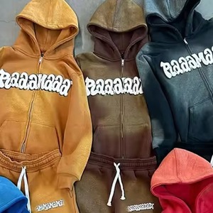 Sudadera con capucha y cremallera de lavado ácido para hombre, conjunto de chándal corto para hombre, chándal bordado personalizado, Sudadera con capucha de algodón polar y conjunto corto - Product Image 5
