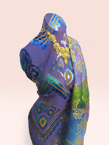 Purple Maqbal Dirac Fabric with Blue Gold Geometric Embroidery & Floral Jacquard <b>Shawl</b> Luxury <b>Wedding</b> Set - Product Image 2