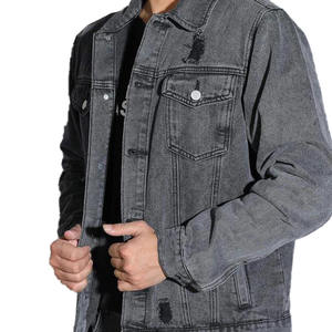Veste en jean unie pour homme avec logo personnalisé, veste en jean déchirée avec poche à rabat, veste en jean noire pour homme - Product Image 3
