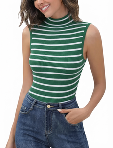 Women Striped Tank <b>Top</b> Sleeveless Turtleneck Basic Knitted Fabric Solid Color And Pattern Quick Dry Casual Outer Wear OEM - Product Image 6