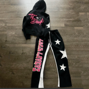 Survêtement évasé délavé à l'acide pour homme avec écusson en chenille brodé avec logo personnalisé Streetwear pour survêtements à imprimé bouffant - Product Image 1