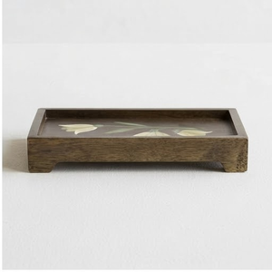 Plateau décoratif rectangulaire en bois d'acacia avec motif floral, style rustique artisanal, pour table à manger, pièce unique - Product Image 5