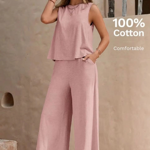 Women's 2-<b>Piece</b> for <b>Lounge</b> <b>Sets</b> Solid Tank Top & Wide Leg Pants Short Length Tops - Product Image 1
