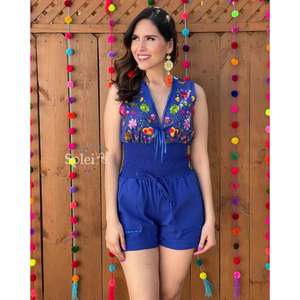Women <b>White</b> Embroidered Playsuit Romper Mexican Floral Lace Up Cotton Jumpsuit Summer <b>Boho</b> Casual Wear - Product Image 3