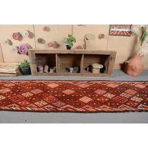 Vintage Turkish Rug, 3.1x14.5 ft Runner Rug, <b>Brown</b> Orange Bordered <b>Wool</b> Rug - Product Image 4
