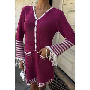 เดรสทรงเอไลน์ถักนิตติ้ง รุ่น 2849 แขนเสื้อพู่ห้อย ปิดด้วยกระดุม แต่งดีเทลสีตัดกันอย่างมีสไตล์ - Product Image 6